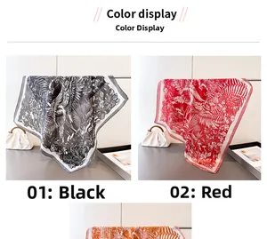 Detail view of floral bird print silk scarves in black and red elegant color options
