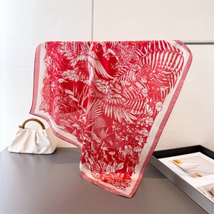 Elegant red and white floral silk square scarf with birds print for versatile styling