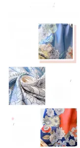Detailed close-up of floral print silk scarf showing fabric texture and edge stitching