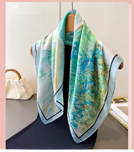 Detail of silk scarf with artistic oil painting pattern and fine stitched edges