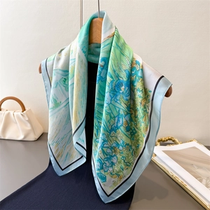 Elegant Square Scarf Impressionist Oil Painting Floral Landscape Print Satin Like Satin Headscarf For Women