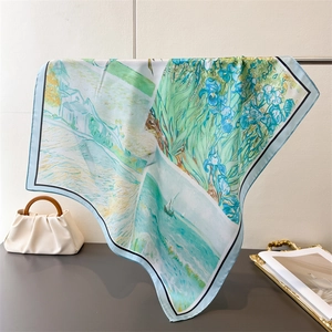 Floral impressionist silk feeling square scarf with artistic coastal landscape print