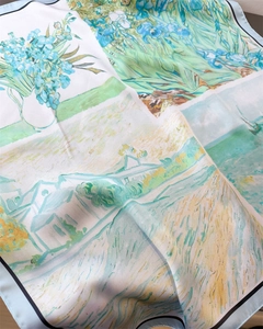 Close-up of silk scarf showing Van Gogh Iris oil painting texture and fabric sheen