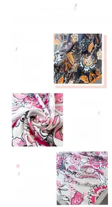 Detailed view of floral imitation silk scarf showing fine printing and stitched edges
