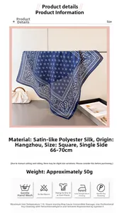 Detail view of paisley print satin silk scarf with dimensions and washing instructions