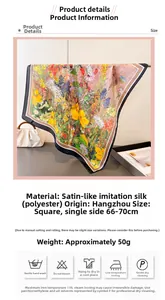 Detailed close-up of colorful floral print satin scarf with sunflower pattern and dimensions