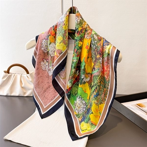 Floral Print Square Scarf Satin Like Polyester Headscarf Oil Painting Style Elegant Shawl For Women Fashion Accessory