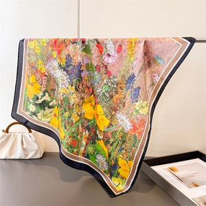 Retro floral silk square scarf with oil painting print and contrasting wide borders