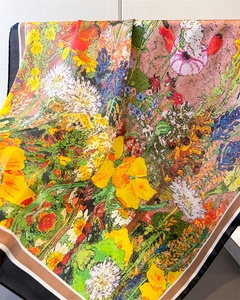Artistic oil painting style floral print scarf with bold striped borders and silk texture