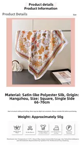 Detail view of French butterfly print silk satin scarf showing size specifications