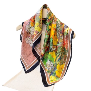 Artistic oil painting floral silk scarf with elegant yellow and green floral patterns
