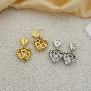 Boucles D'oreilles Pendantes Double Cœur Cuivre Poli Surface Miroir Brillant Doux Mode Pour Femmes