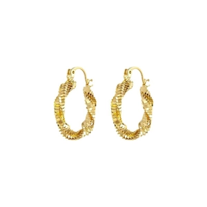 Golden double layered twisted hoop earrings with textured snake-bone style surface
