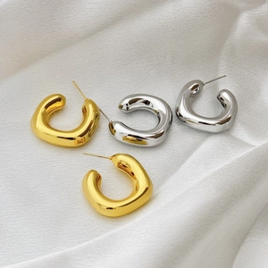 Chunky Hoop Earrings 18K Gold Plated Copper Geometric C Shaped Hollow High Polish Minimalist Ins Style For Women