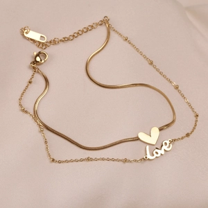 Double-layered gold titanium necklace with love letter pendant and heart charm design