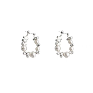 Irregular silver beads and white pearl hoop earrings for women with minimalist style