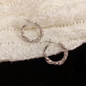 Silver twisted rope hoop earrings with textured metallic finish and S925 silver needles