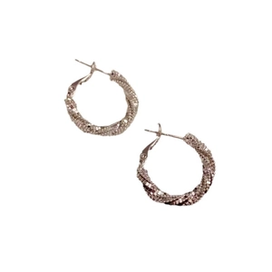 Minimalist S925 silver needle twisted hoop earrings with woven metallic texture