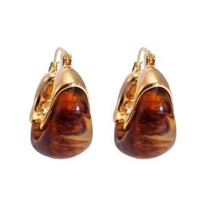 Boucles d'oreilles rétro en métal doré 18K avec texture résine ambre marron