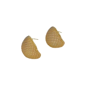 Golden hollow C-shape stud earrings with textured metallic mesh finish for women