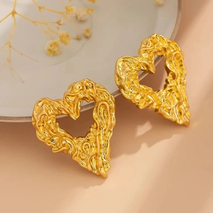 18K gold plated liquid lava heart studs with irregular texture and geometric metal design