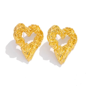 18K gold plated lava textured heart stud earrings with irregular geometric molten design