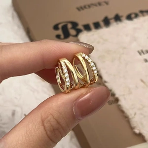 Minimalist double-layered gold hoop earrings with sparkling zircon inlay for women