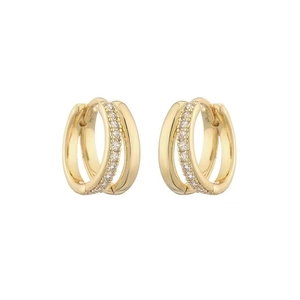 Minimalist double layer gold hoop earrings with zircon pavé setting on white background