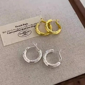 Boucles D Oreilles Créoles Texturées Cuivre Avec Tige En Argent Sterling 925 Géométrique Minimaliste Mode Pour Femmes