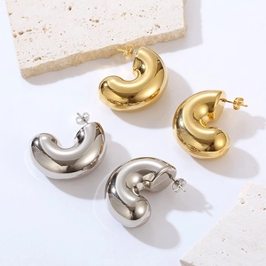 Boucles Oreilles C Épaisses Cuivre Plaqué Or 18K Polissage Miroir Bijoux Géométriques Minimalistes Femmes