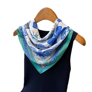 French style silk scarf with butterfly print and beetle motifs in blue and green