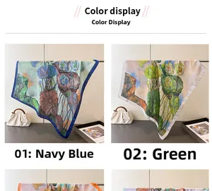 Detail showing lotus pattern silk scarves in navy blue and emerald green colorways