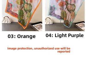 Detailed comparison of lotus print silk scarves in orange and light purple floral patterns