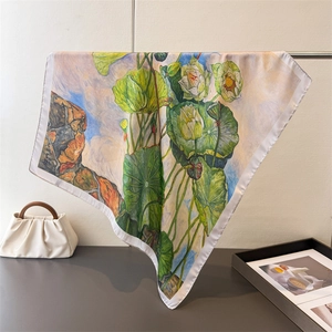 Detail of artistic lotus flower oil painting silk scarf with premium hand-rolled edges