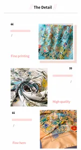 Dettaglio di foulard in raso effetto seta con motivi stampati di giungla e fiori