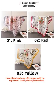 Detailed color selection of retro floral silk scarves in pink, red, and yellow options