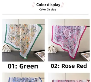 Detail view of floral print faux silk scarves in green and magenta pink colors