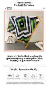 Detail of silk-like satin square scarf with green and grey geometric patterns and orange edges
