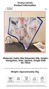 Detail shot of silk-like satin square scarf featuring elegant horse prints and blue borders