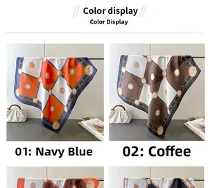 Detail of checkered silk-feel square scarves in navy blue and brown with chain patterns