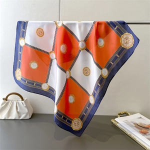 Vintage Square Scarf Checkerboard Print Faux Satin Gold Chain Lion Head Pattern Fashion Neck Kerchief Accessories Women