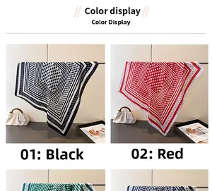 Detail view of black and red polka dot faux silk scarves with geometric line patterns