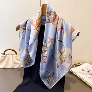 Elegant light blue silk-like square scarf featuring classic equestrian horse prints and patterns