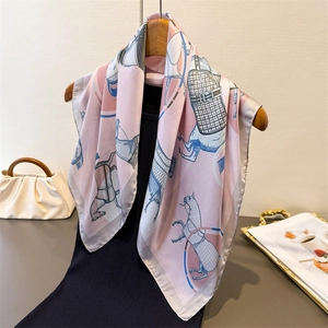 Silk-feel square scarf with equestrian horse print and pastel pink blue color blocking