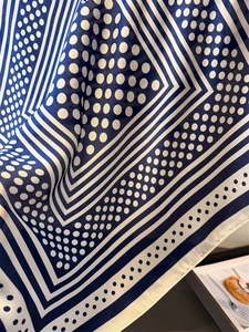Close-up of navy blue polka dot silk scarf with geometric border and soft luster