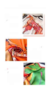 Detailed view of equestrian horse print satin scarf with premium rolled hem and silk texture