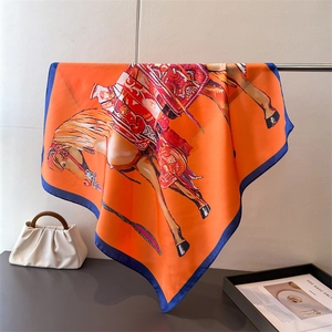 Equestrian Horse Print Square Scarf Faux Satin Satin Elegant Vintage Neck Head Shawl For Women Chic Hair Wrap