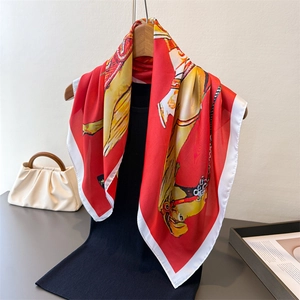Elegant red square silk scarf with yellow equestrian horse print and white border detail
