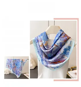Detail of elegant silk-like square scarf with abstract oil painting marble texture