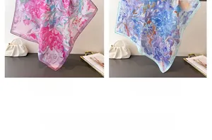 Detail of silk-like square scarf featuring abstract floral patterns in pink and blue tones